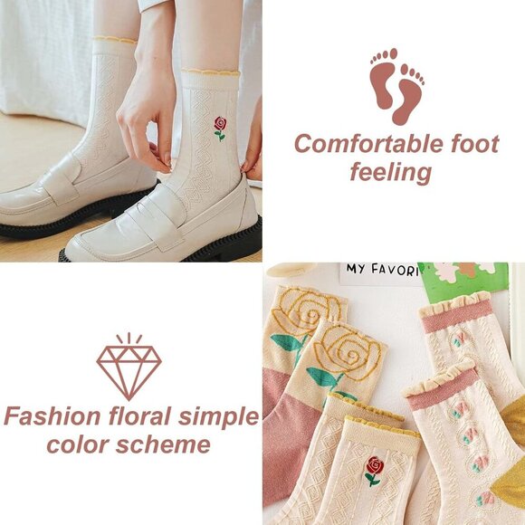 ❤️Womens Floral Socks Vintage Embroidered Frilly Floral Socks Kawaii Girly Ankle - Picture 4 of 7
